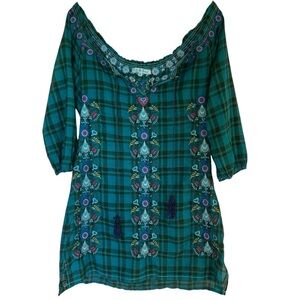 Johnny Was 3J Workshop Small Teal Plaid Embroidered Tunic Top Boho Hippie